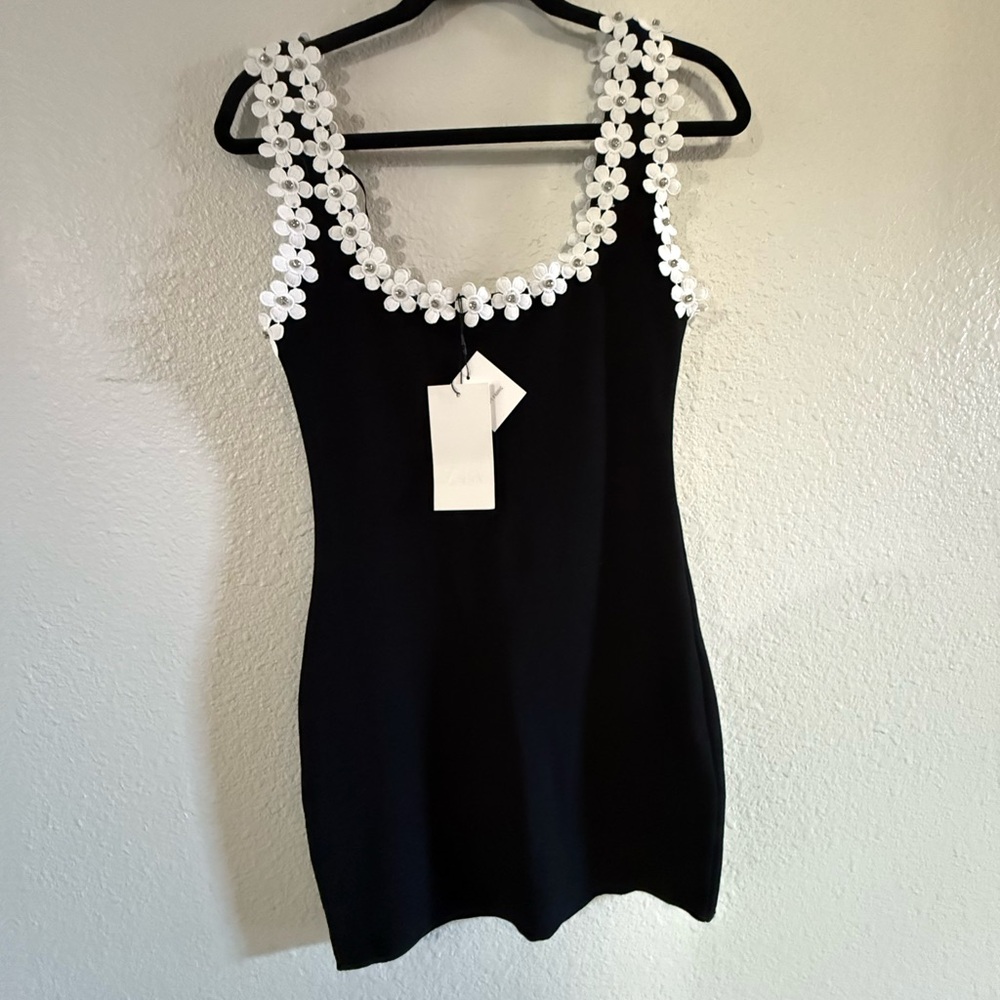 Zara Black Mini Dress with White Floral Details